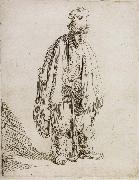 REMBRANDT Harmenszoon van Rijn Beggar in a high cap,Standing and Leaning on a stick USA oil painting artist